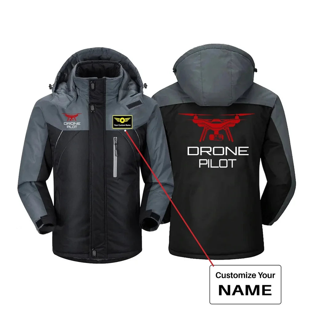 Drone aviation design printed on heavyweight insulated shell thick winter jacket.