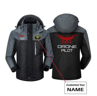 Drone aviation design printed on heavyweight insulated shell thick winter jacket.