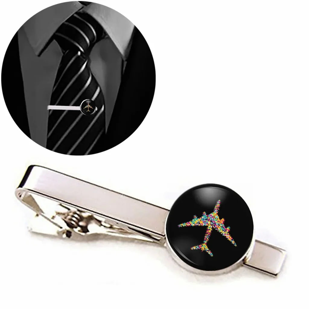 Side view of Colourful Airplane aviation tie clip in stainless steel, polished finish.