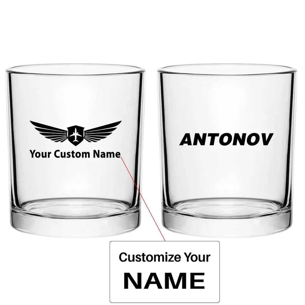 Antonov & Text aviation design on whiskey glass, special-edition crystal cut.