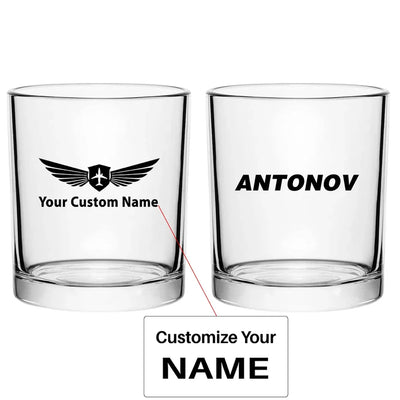 Antonov & Text aviation design on whiskey glass, special-edition crystal cut.