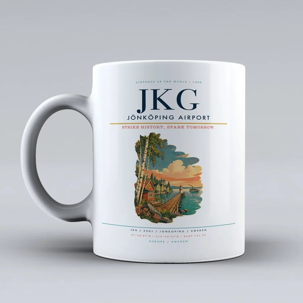 Jönköping Airport (JKG) airport code design on white ceramic mug