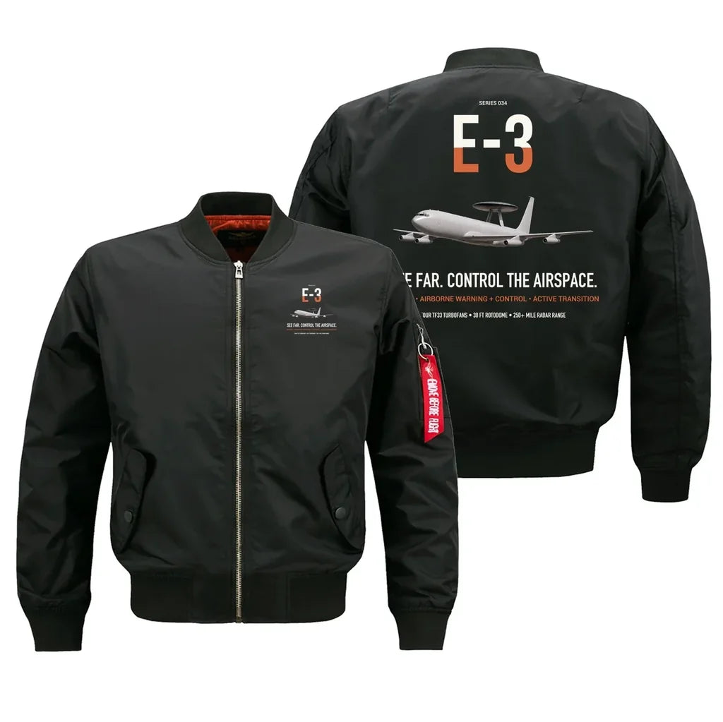 E-3 Sentry AWACS design on black bomber jacket, double-side print