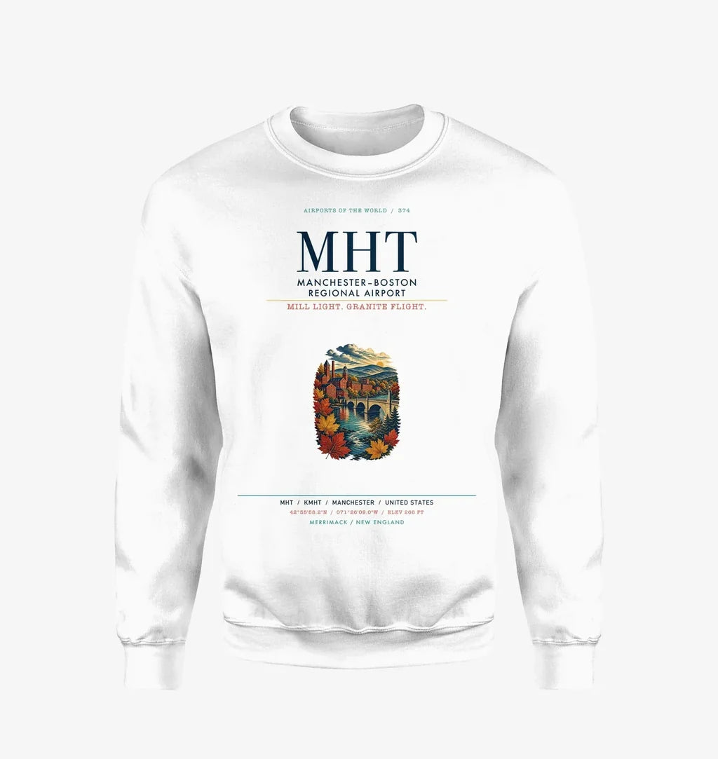 Manchester–Boston Regional Airport (MHT) design on white sweatshirt