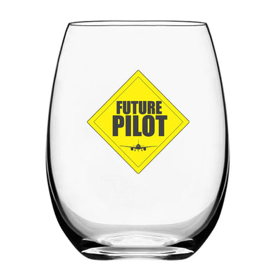 Future Pilot Water & Drink aviation design on water glass, crystal-clear premium glassware.