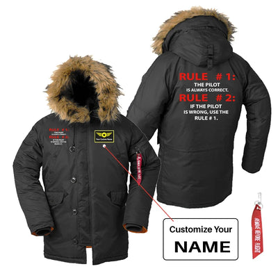 Rule 1 - Pilot is Always Correct aviation design printed on heavyweight shell with hooded warmth parka bomber.