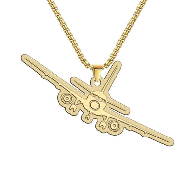 Side view of Sukhoi Superjet 100 Silhouette aviation hollow necklace in polished metal, polished finish.