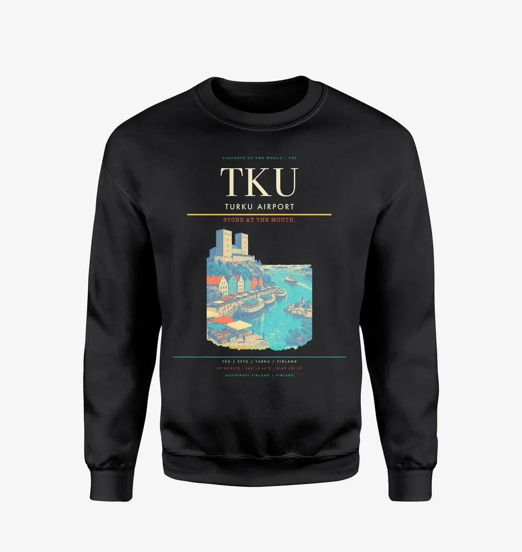 Turku Airport (TKU) design on black sweatshirt