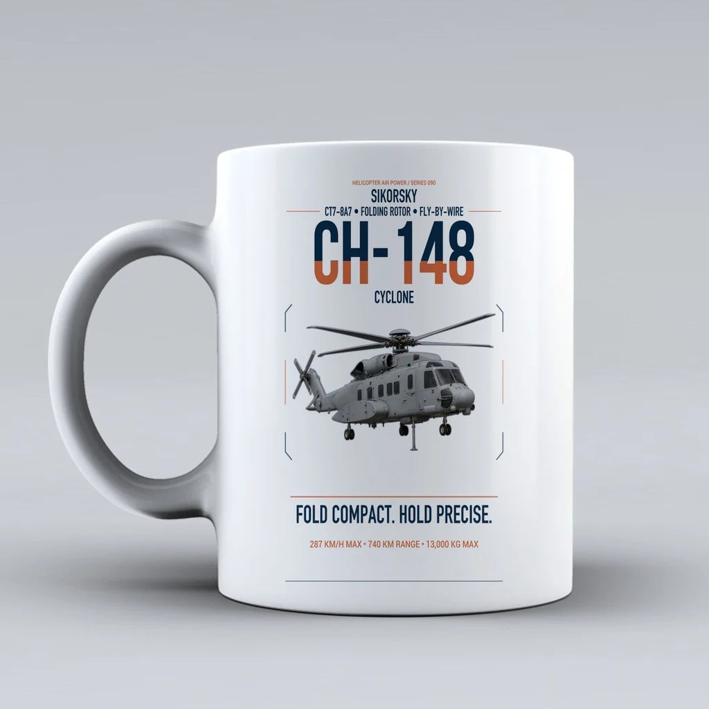 Sikorsky CH-148 Cyclone design on white ceramic mug, double-side print