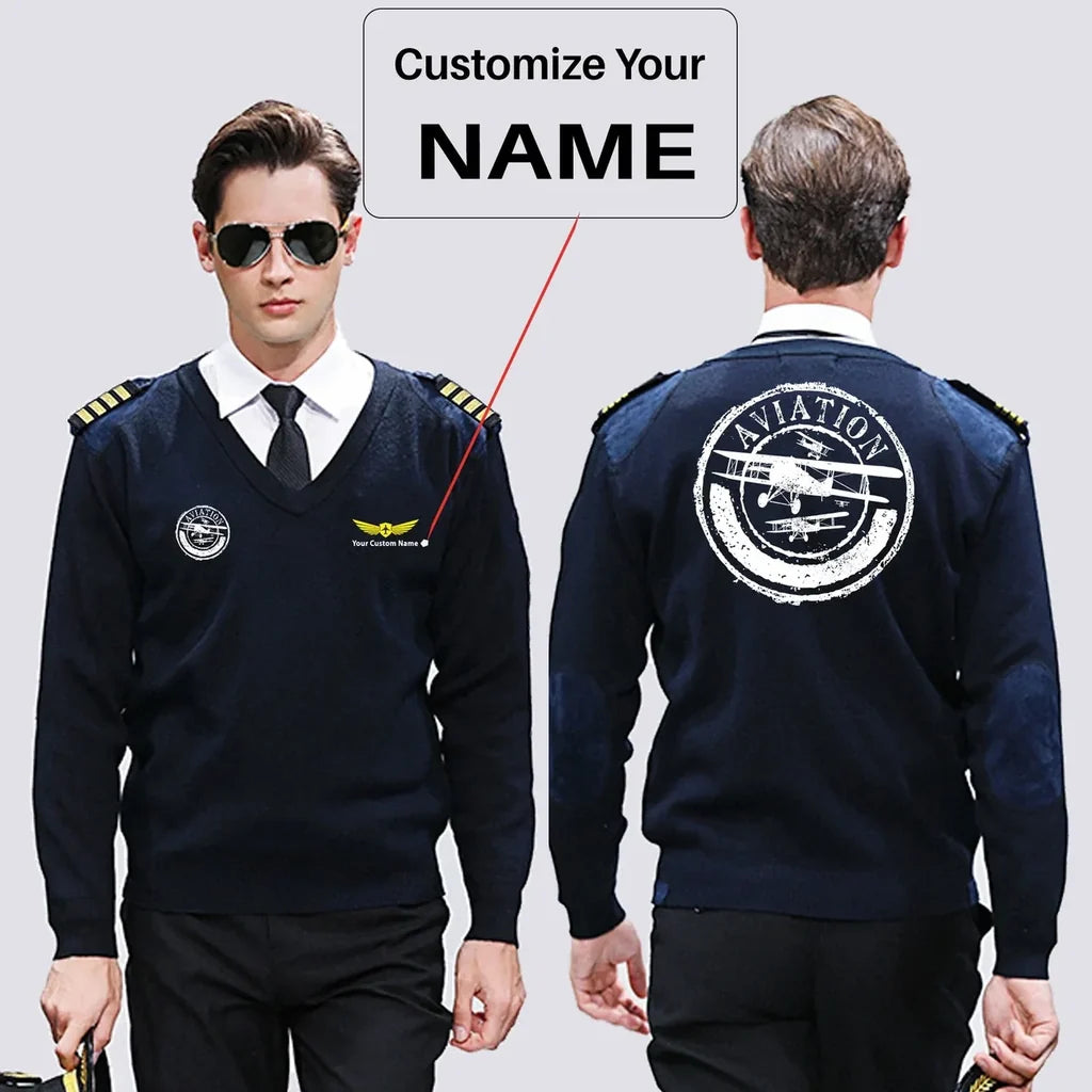 Aviation Lovers aviation design on premium wool blend wool pilot sweater.