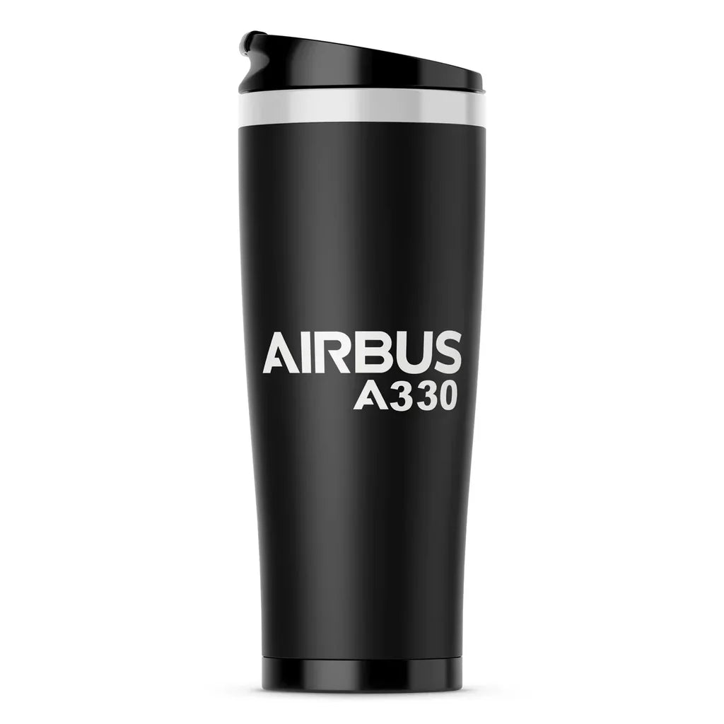 Airbus A330 & Text aviation design on travel mug no-holder, insulated double-wall.