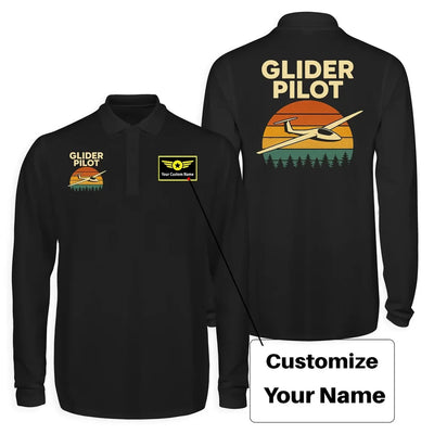Retro Glider Long Sleeve Polo T-Shirts (Double-Side) aviation design printed on soft cotton long-sleeve double-side polo.