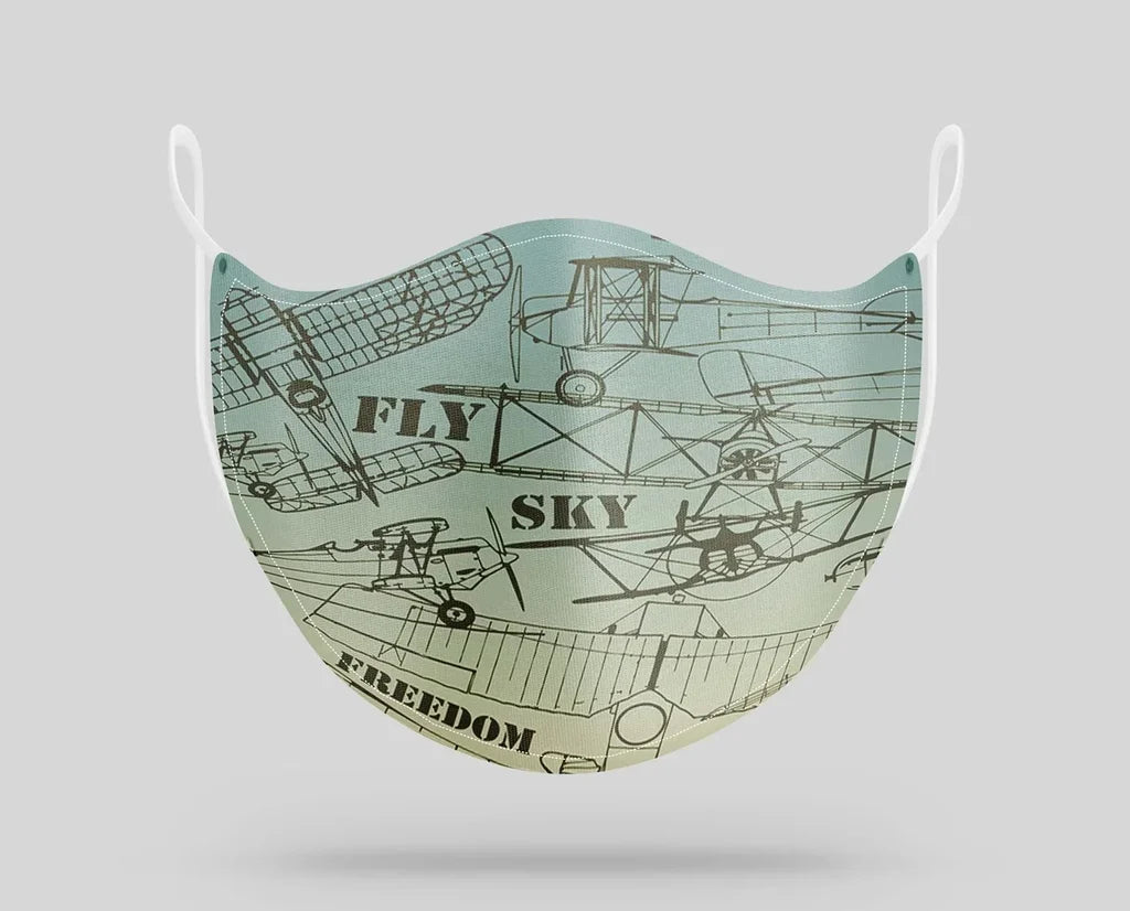 Retro Airplanes & Text aviation face mask in breathable cotton blend.