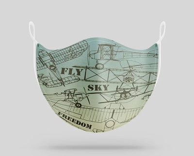 Retro Airplanes & Text aviation face mask in breathable cotton blend.