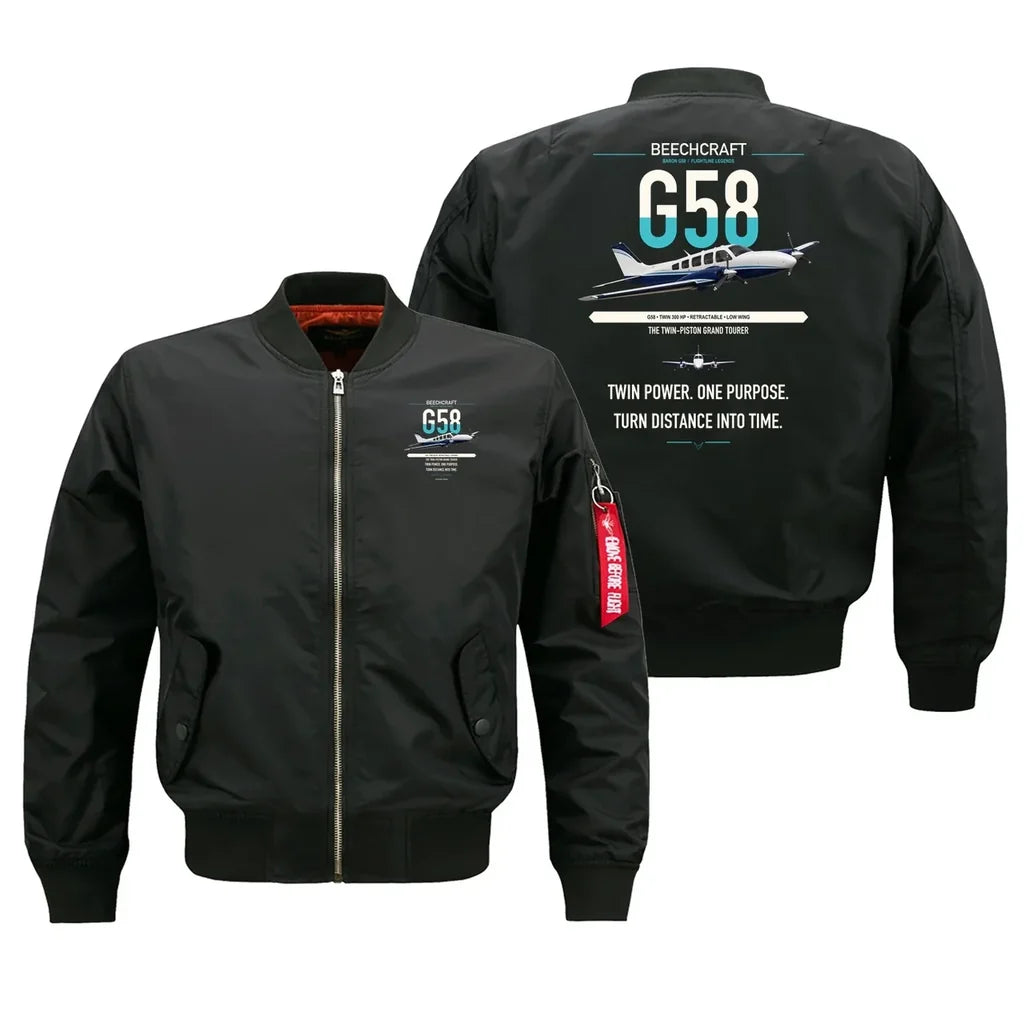 Beechcraft Baron G58 design on black bomber jacket, double-side print