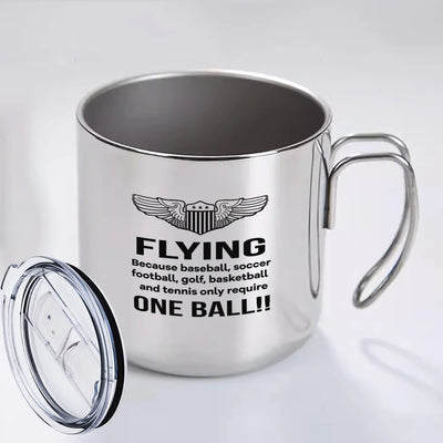 Flying One Ball aviation design on portable mug, vacuum-insulated double-wall.