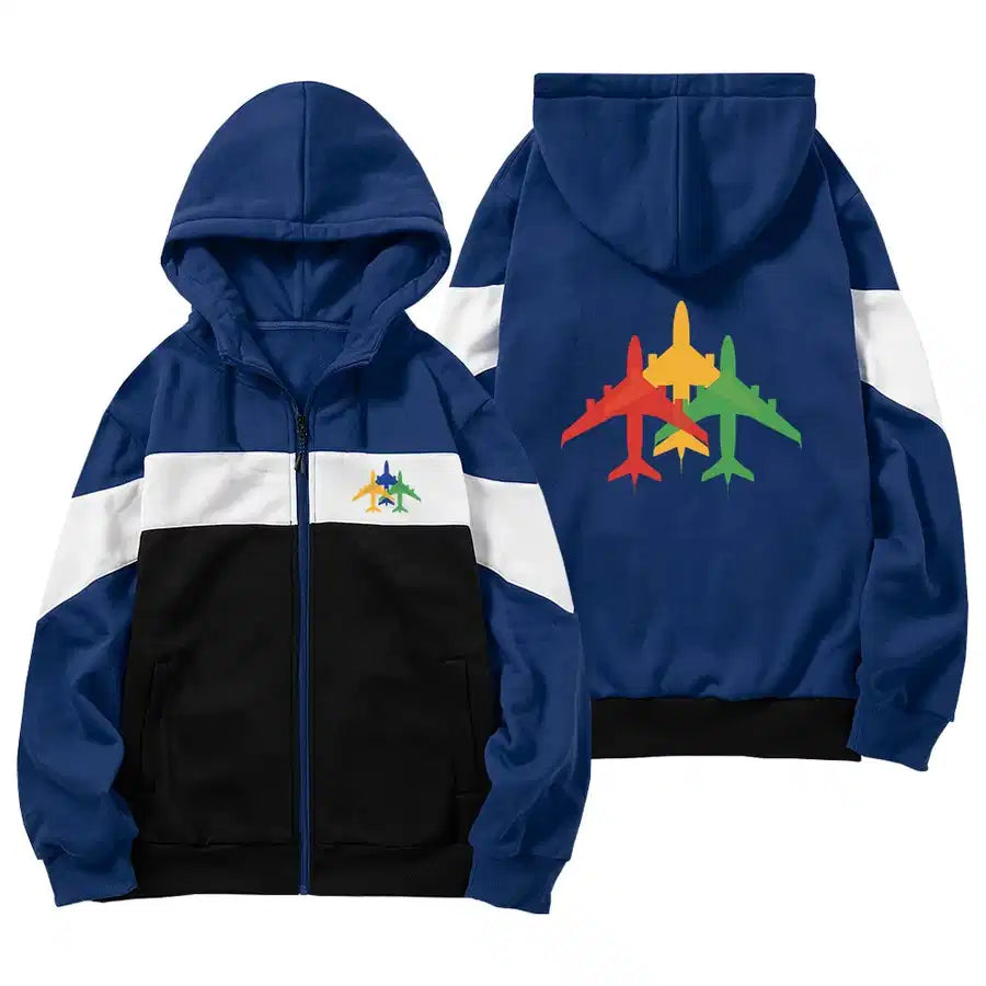 Colourful 3 Airplanes aviation design on colourful cotton blend colourful zipped hoodie.