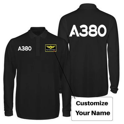 Airbus A380 Flat Text Long Sleeve Polo T-Shirts (Double-Side) aviation design printed on soft cotton long-sleeve double-side.