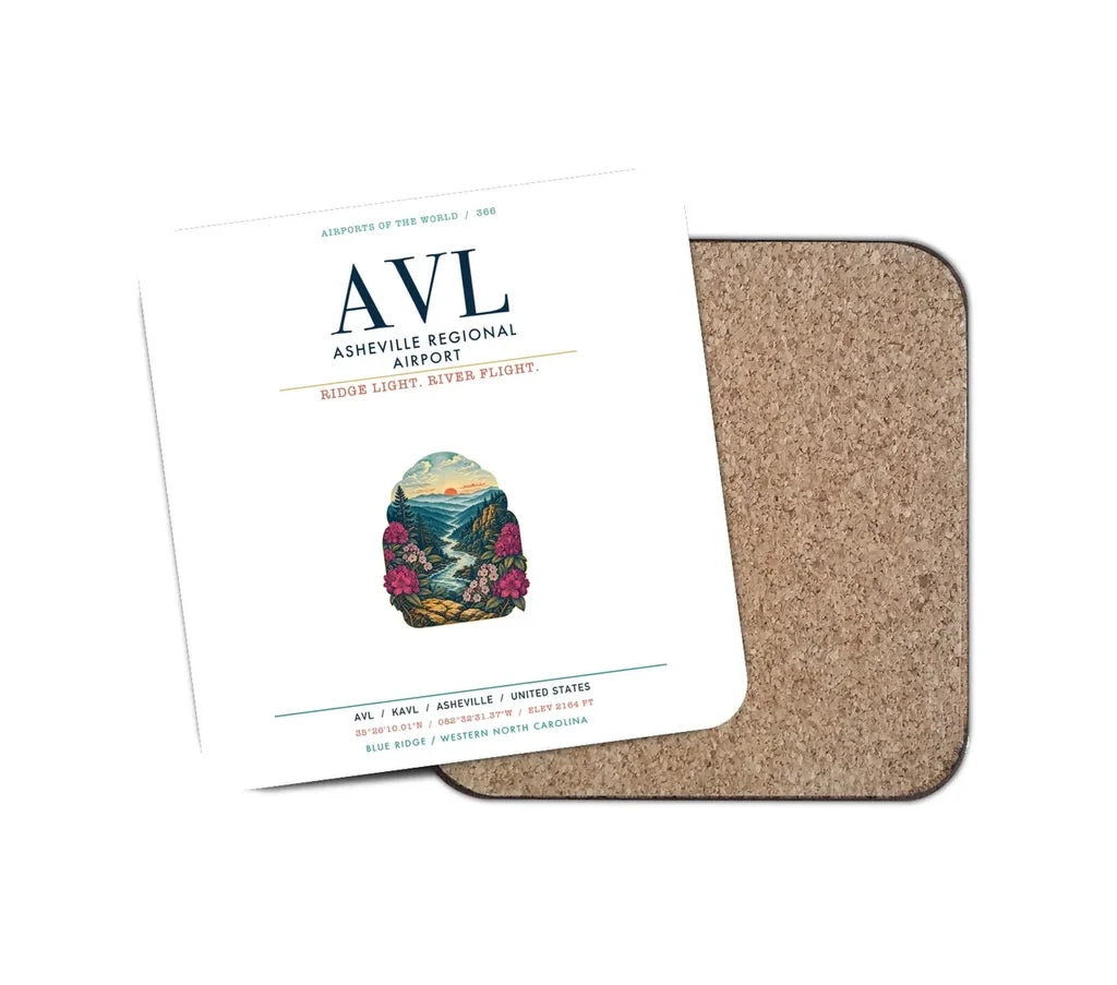 Asheville Regional Airport (AVL) design on white 1 piece coaster