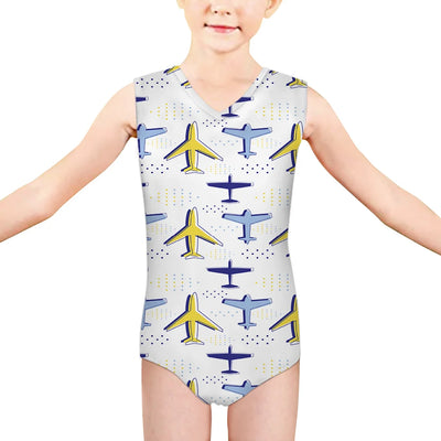 Very Colourful Airplanes aviation print on kids quick-dry fabric swimsuit.