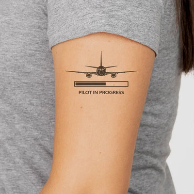 Pilot In Progress temporary tattoo — student pilot skin art in skin-safe adhesive — aviation accessory