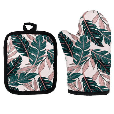 Seamless Palm Leafs Kitchen Glove & Holder aviation design on durable fabric with insulated lining kitchen glove holder.
