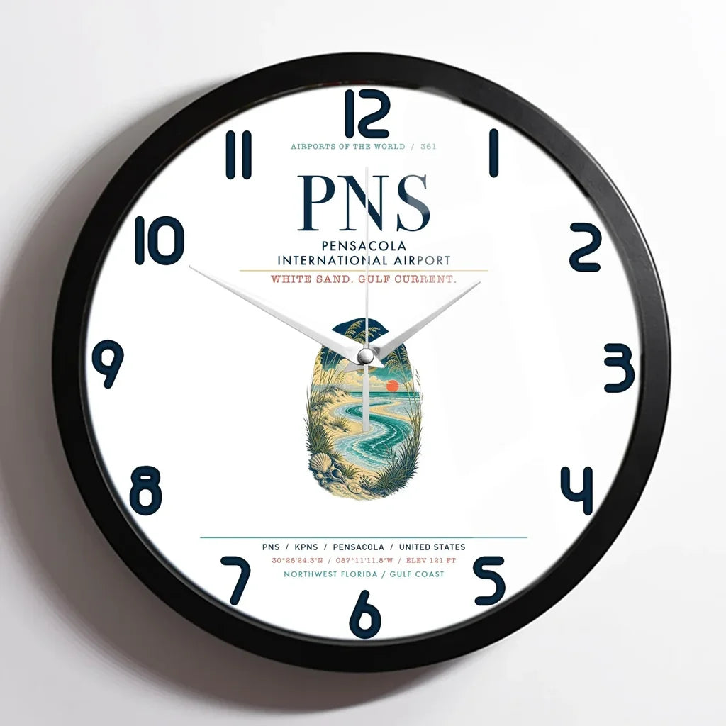 Pensacola International Airport (PNS) design on white framed wall clock