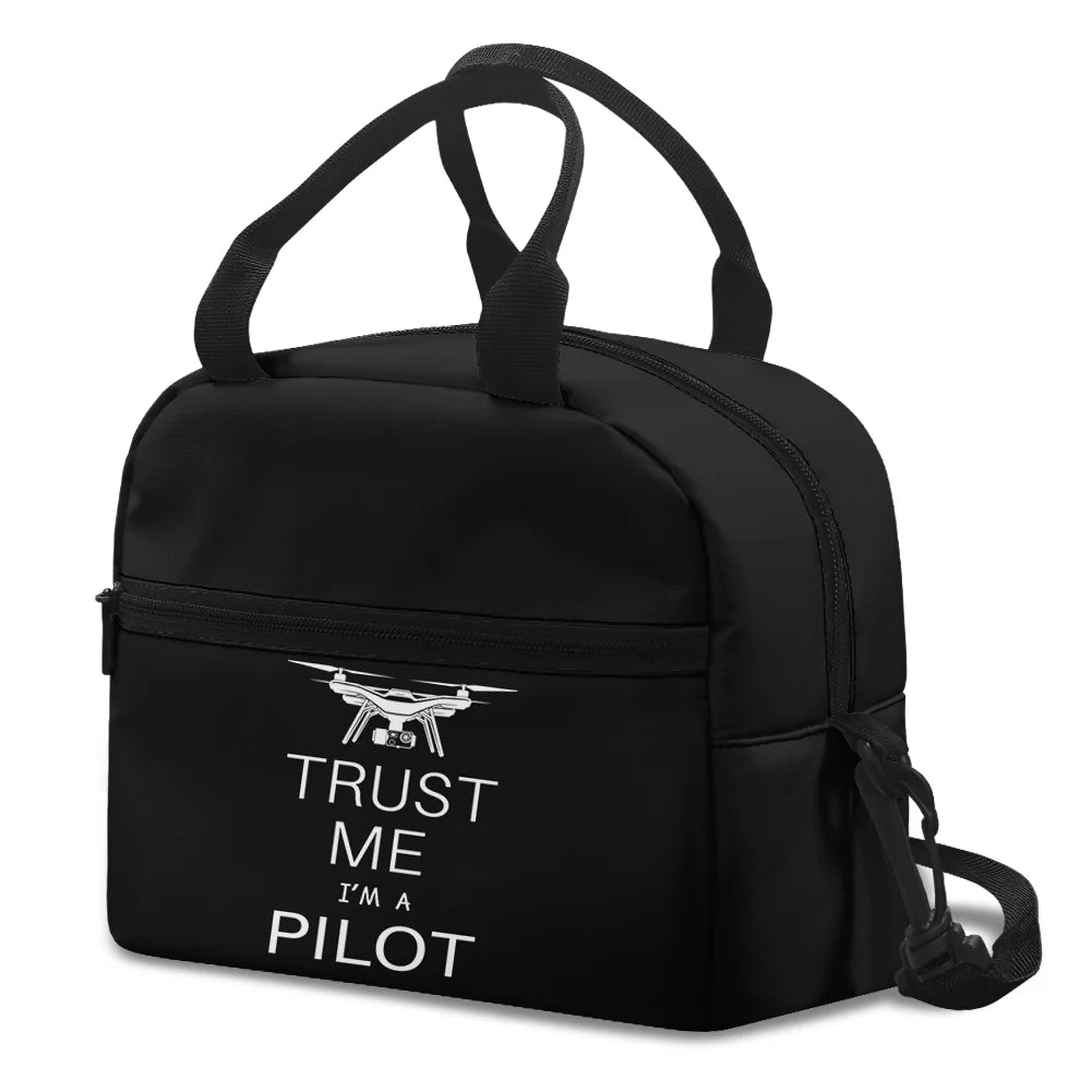 Trust Me I'm a Pilot (Drone) aviation design lunch bag, insulated polyester construction.