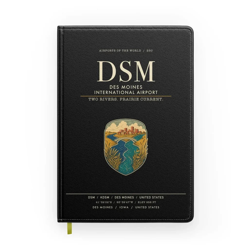 Des Moines International Airport (DSM) design on black notebook