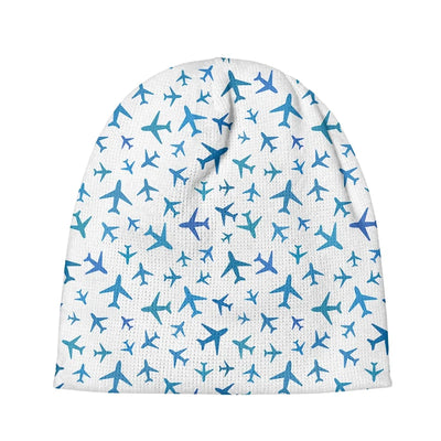 Many Airplanes White aviation embroidery on soft knit fabric 3D knit beanie.