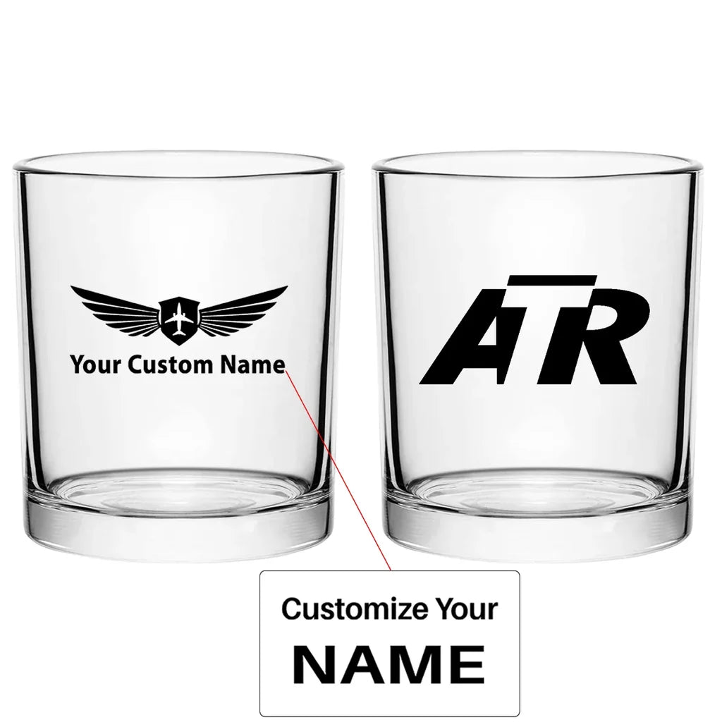 ATR & Text aviation design on whiskey glass, special-edition crystal cut.