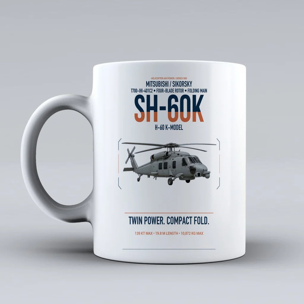 Mitsubishi Sikorsky SH-60K design on white ceramic mug, double-side print