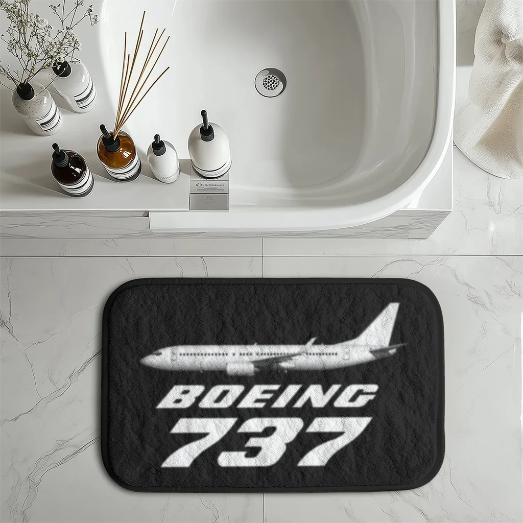 The Boeing 737 aviation design on soft absorbent fabric with non-slip backing bath mat.