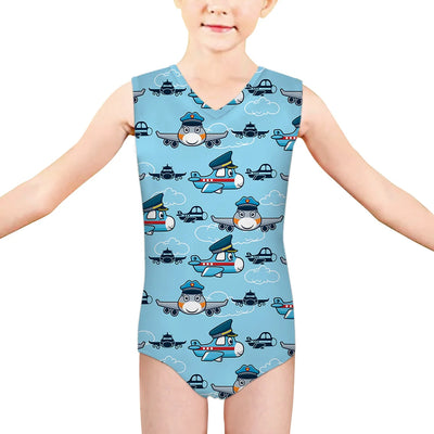 Cartoon & Funny Airplanes aviation print on kids quick-dry fabric swimsuit.