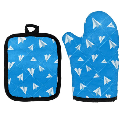 Paper Airplanes (Blue) Kitchen Glove & Holder aviation design on durable fabric with insulated lining kitchen glove holder.