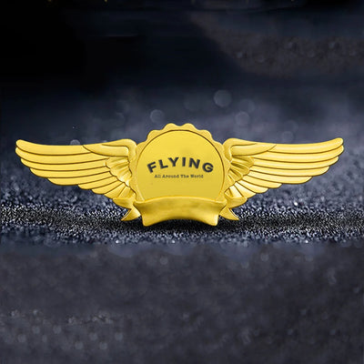 Flying All Around The World aviation badge in polished metal.