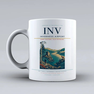Inverness Airport (INV) airport code design on white ceramic mug