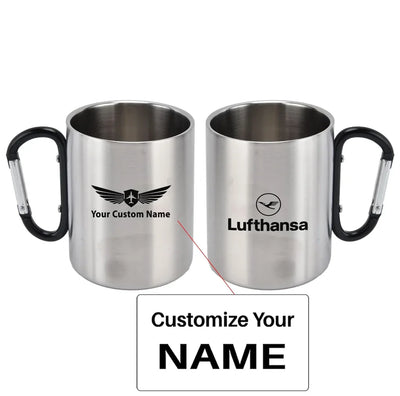 Lufthansa Airlines aviation design on outdoor mug, durable insulated construction.
