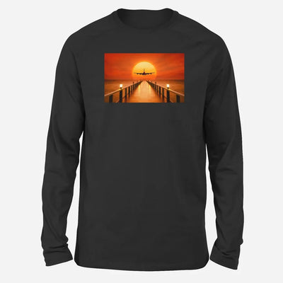 Airbus A380 Towards Sunset Long-Sleeve aviation design printed on soft cotton long-sleeve T-shirt.
