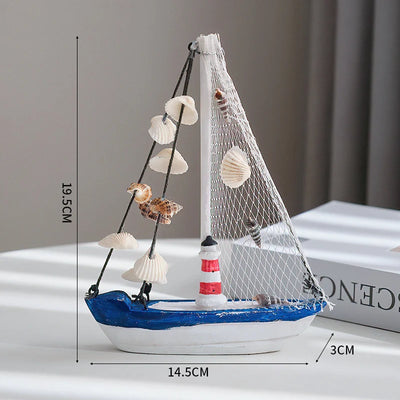 Side view of Small Shell Lighthouse Marine Nautical Wooden Sailboat Model Ornament aviation model ship in diecast metal or wo.