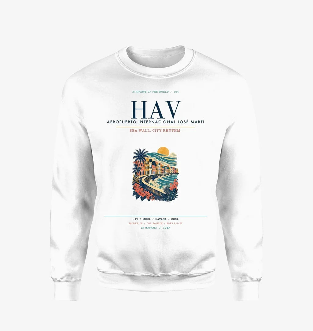 Havana José Martí International Airport (HAV) design on white sweatshirt