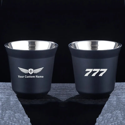 Boeing 777 Flat Text aviation design on double-wall coffee mug, vacuum-insulated double-wall.