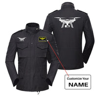Thumbnail for Drone Silhouette aviation design printed on heavy cotton coat with field details military coat.