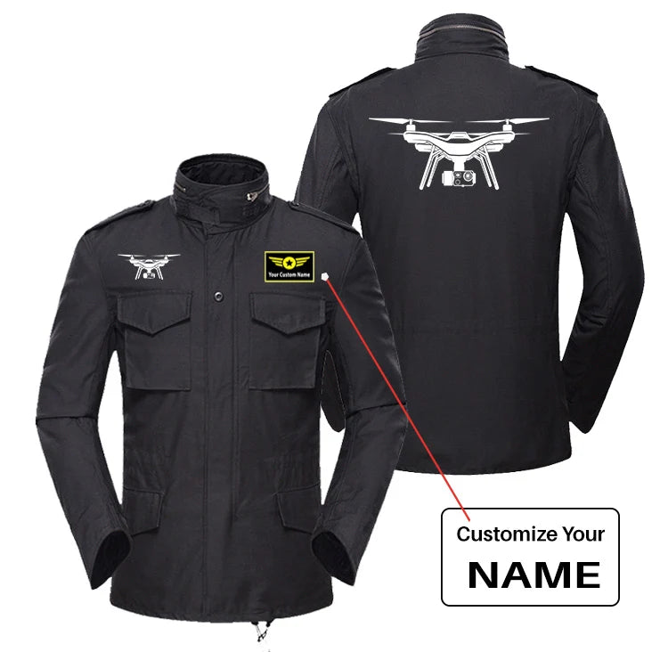 Drone Silhouette aviation design printed on heavy cotton coat with field details military coat.