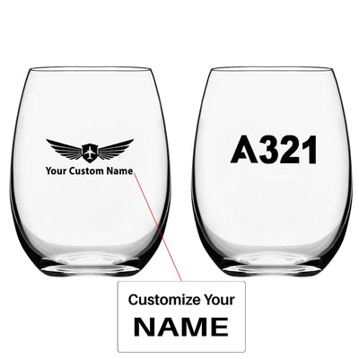 Airbus A321 Flat Text Water & Drink aviation design on water glass, crystal-clear premium glassware.