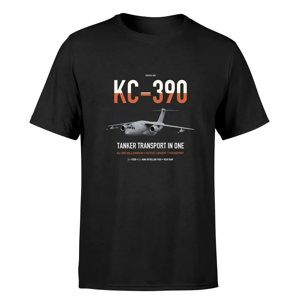 Embraer KC-390 Millennium design on black double-side t-shirt, single-side print