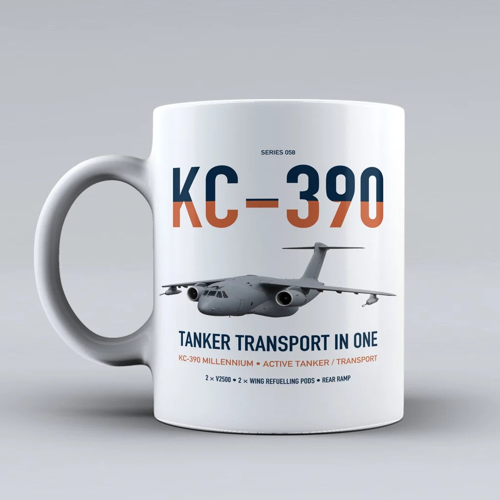 Embraer KC-390 Millennium design on white ceramic mug, double-side print