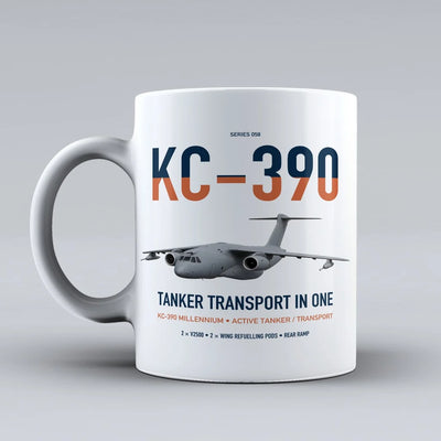 Embraer KC-390 Millennium design on white ceramic mug, double-side print