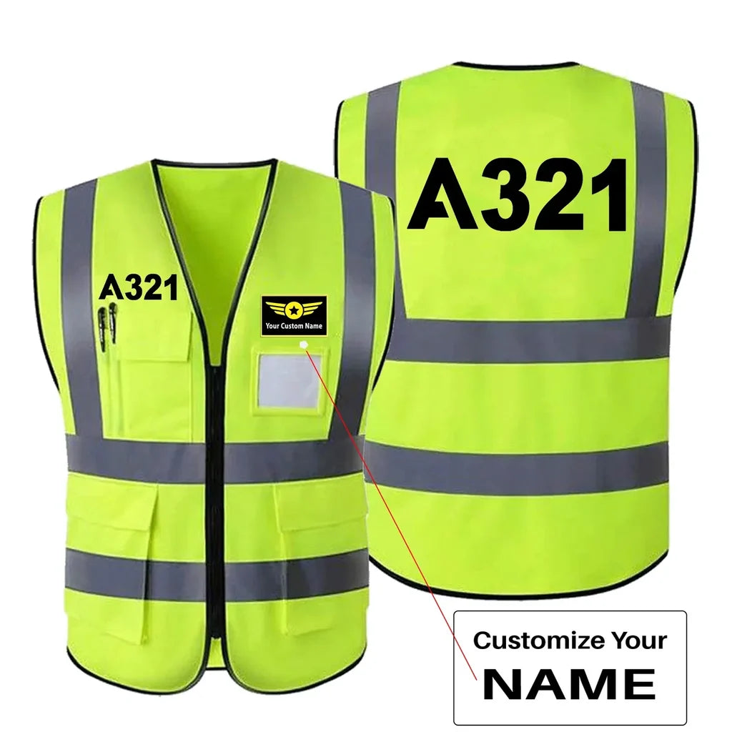 Airbus A321 Flat Text aviation design printed on high-visibility reflective fabric reflective vest.