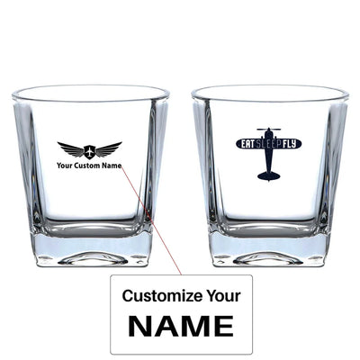 Eat Sleep Fly & Propeller aviation design on whiskey glass, crystal-clear premium glassware.